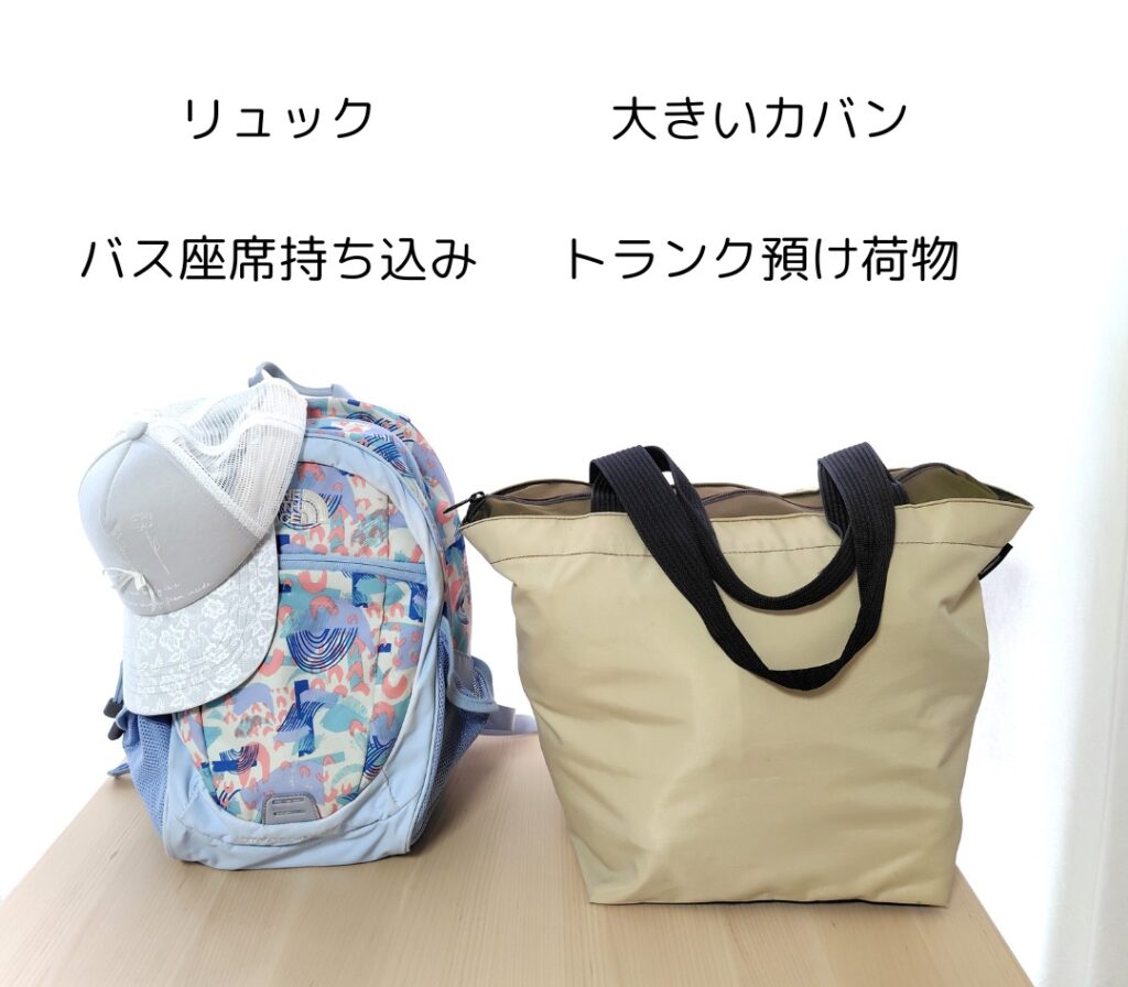 林間学校の荷物2つ バス持ち込みとトランク